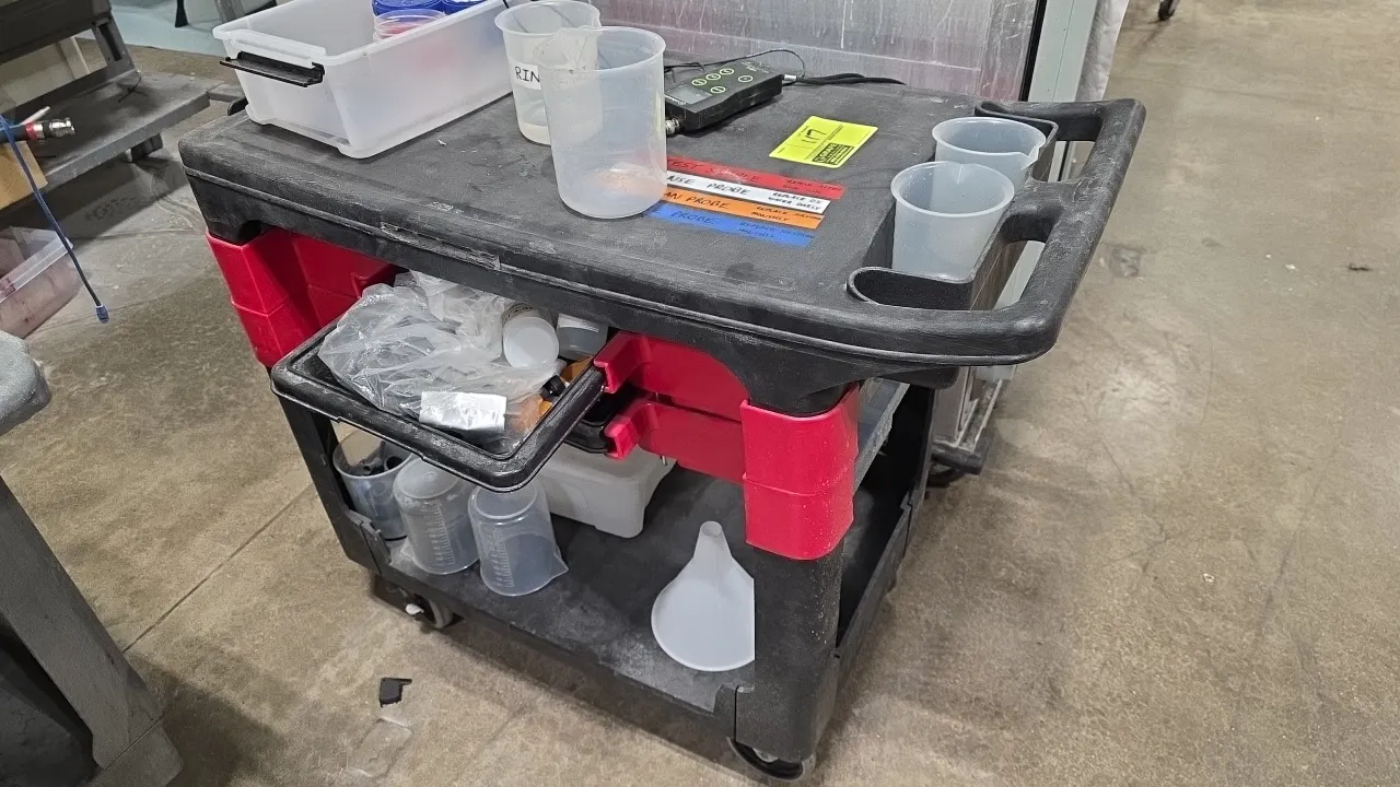 Polymer 2-tier utility cart with slide-out drawer trays. Includes Milwaukee MW102 PRO+ portable pH/temperature meter with probe, electrode cleaning so