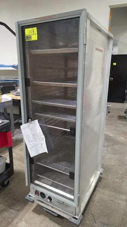 Mainstreet Equipment 541CH1836U full-size non-insulated heated holding cabinet. Features aluminum construction, clear door, analog temperature control