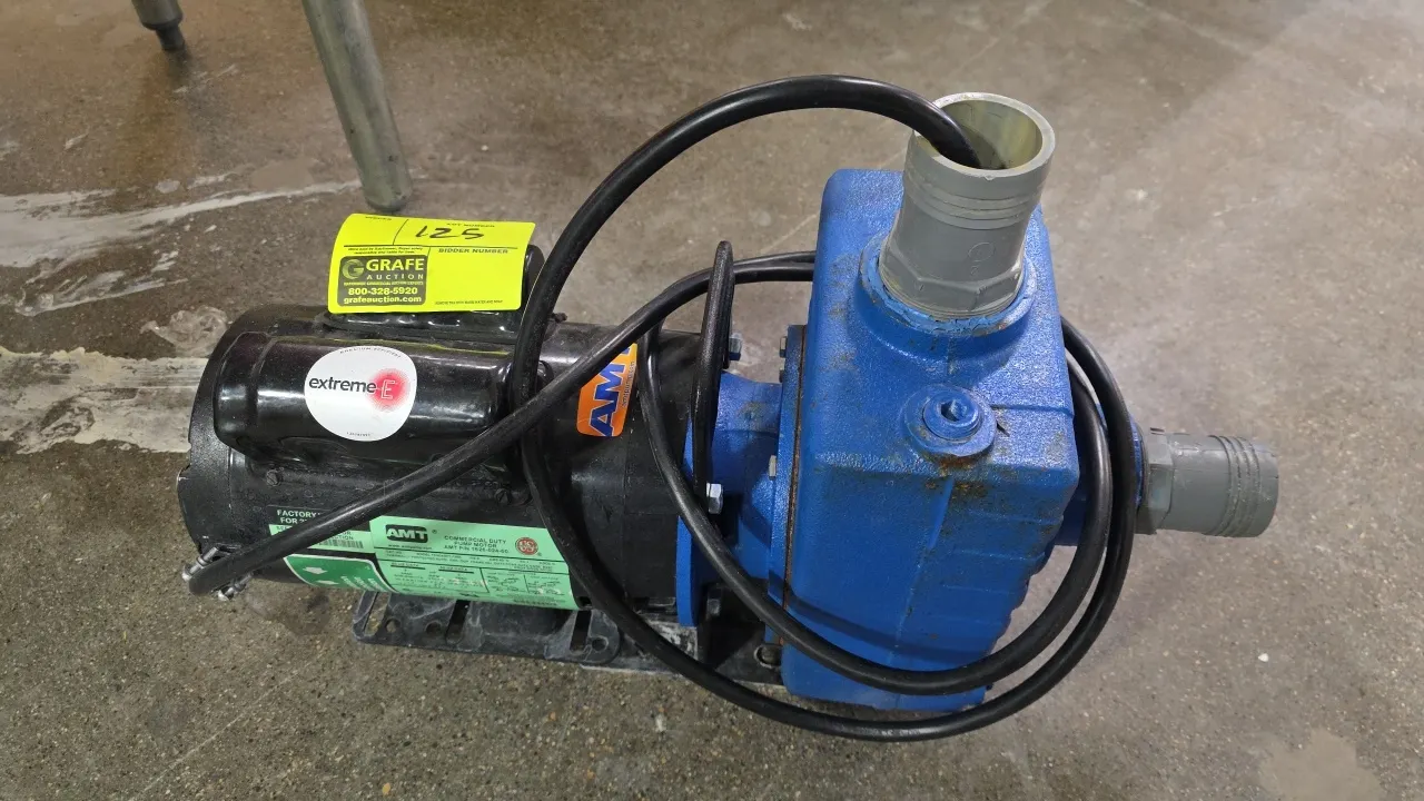 AMT 2761-95 self-priming centrifugal pump. Features a 2 HP commercial-duty motor, 3450 RPM, and hose barb inlet and outlet fittings. Electrical: 115/2