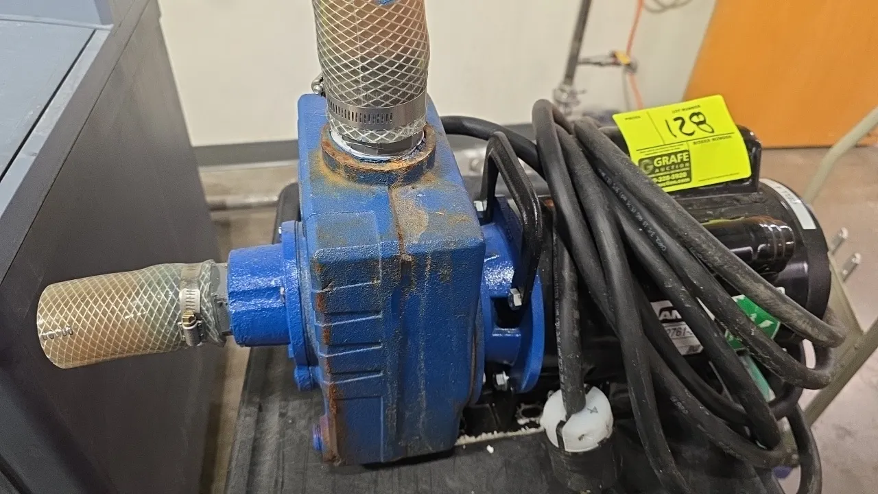 AMT 2761-95 self-priming centrifugal pump. Features a cast iron housing, reinforced hose sections with clamps, and carrying handle. Powered by a 2 HP