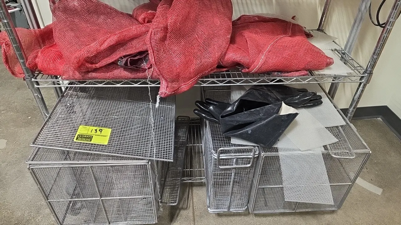Stainless steel wire baskets and accessories. Includes (3) stainless steel wire mesh baskets with wire handles and lids, black protective rubber glove