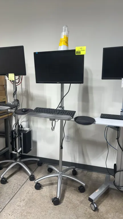 2015 ASUS VE248H 24" LCD monitor with aluminum mobile workstation cart. Features an articulated keyboard tray with wrist rest and mouse platforms. Inc