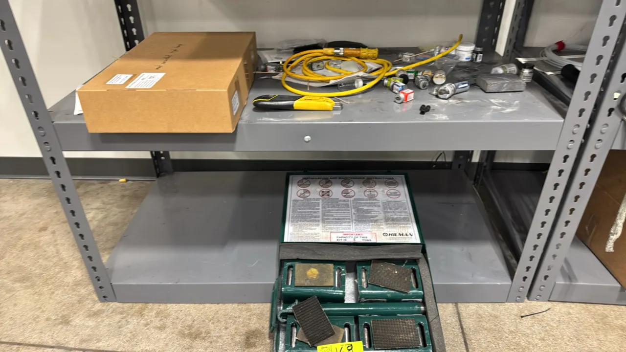 Hilman 8-ton machinery roller kit with contents of shelf. Features (4) rollers with slip pads, handle, and metal storage case. Also includes shelf con