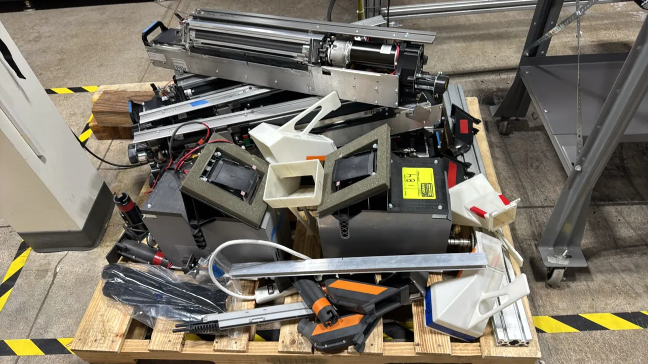 Assorted industrial printing components package lot. Includes motorized roller drive assemblies with integrated electric motors, module housings with
