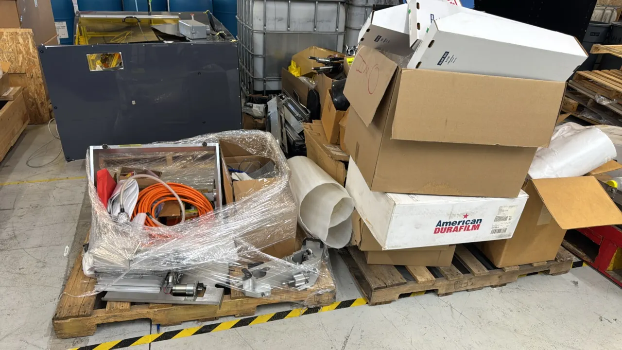 Package lot of 3D printer components, paper rolls, and assorted items. Includes cabling, wiring, motors, metal mounting brackets, ventilation kit comp