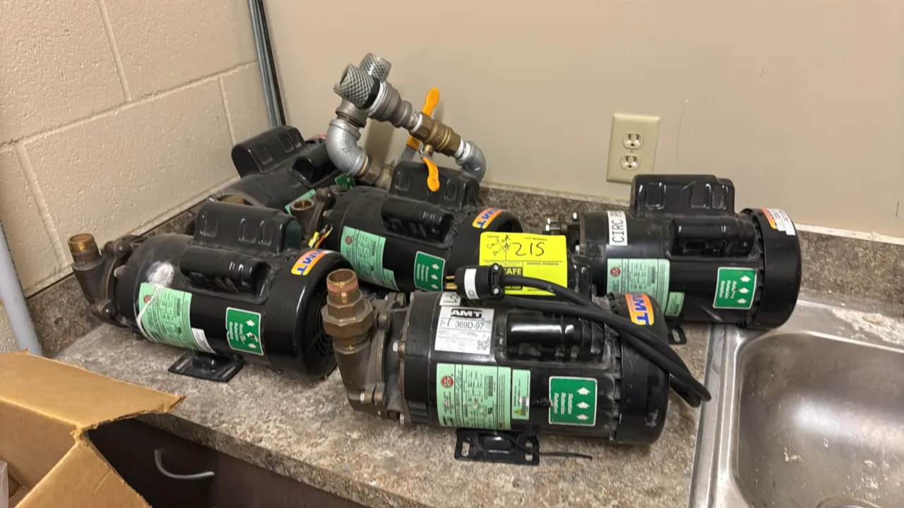 Lot of (7) AMT commercial duty pumps with electrical junction boxes and chain. Includes model 369D-97 pumps equipped with 2 HP motors, bronze pump hea