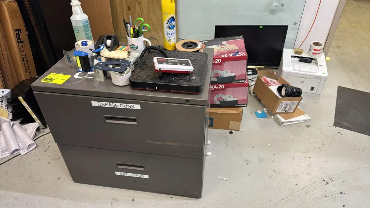 30"W metal 2-drawer lateral file cabinet with contents. Includes Rubbermaid 4040 400 lb digital scale, HP LaserJet Pro M203dw printer, AOC computer mo