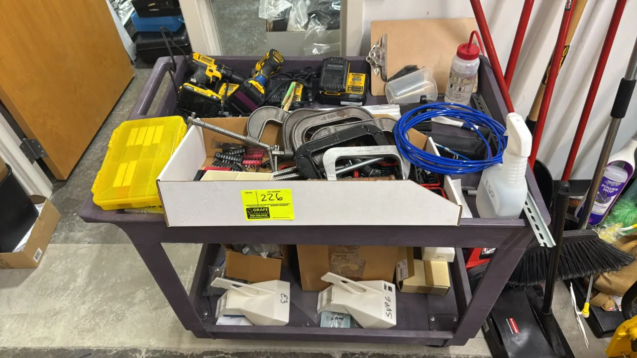 Poly 2-tier utility cart. 3' x 2'. Mounted on casters. Includes assorted contents, DeWalt 20V drill, DeWalt 20V impact driver, batteries, chargers, as