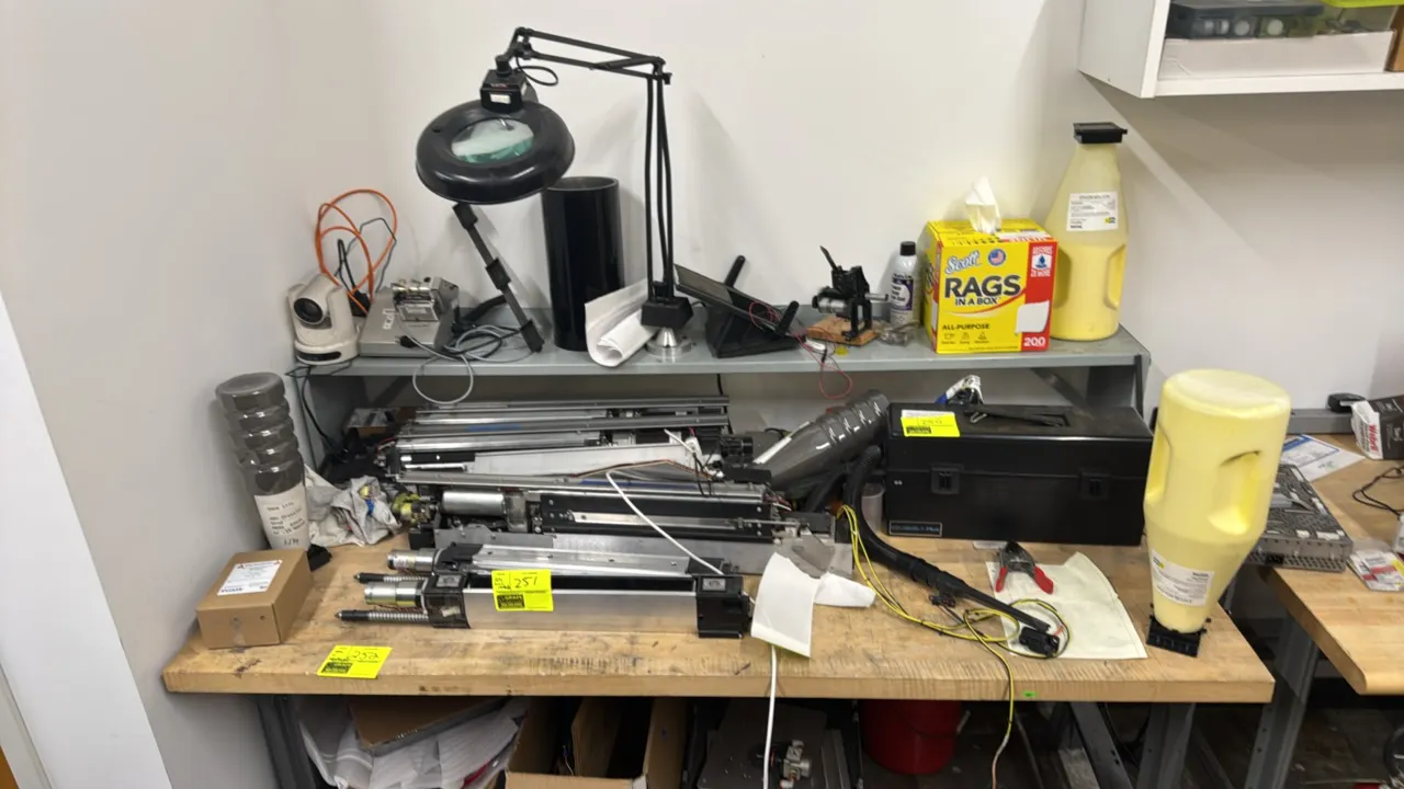 Bulk lot of 3D printer components and shop accessories. Includes motorized linear motion assemblies, Evolve additive support materials, articulating m