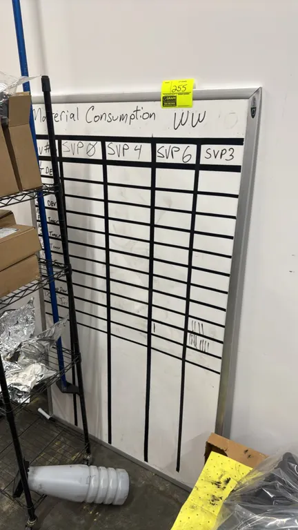 Quartet dry erase whiteboard. Features an aluminum frame and applied tracking grid lines. 3' x 5'. Shelving and surrounding items not included.