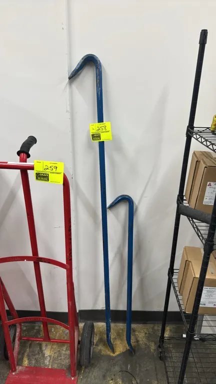 Steel crowbars. Features curved gooseneck claw ends, straight chisel ends, and blue painted finish. Dimensions: 3'L and 5'L.