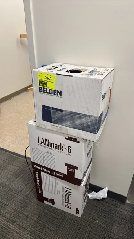 Package lot of Cat6 cable. Includes (2) boxes of Berk-Tek LANmark-6 CMP plenum cable and (1) box of Belden cable. Note: Boxes are opened; total remain
