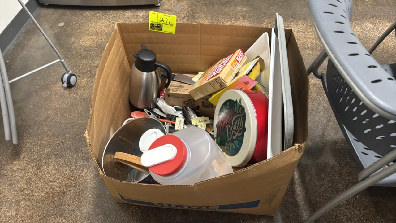 Package lot of assorted breakroom smallwares. Includes stainless steel insulated beverage carafe, stainless steel wine bucket, plastic beverage pitche