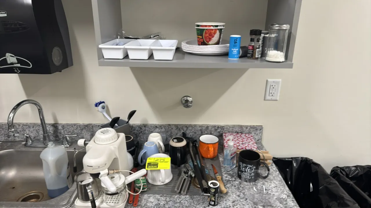 Package lot of kitchen items and small appliances. Includes Krups espresso machine with glass carafe and stainless steel frothing pitcher, assorted ce