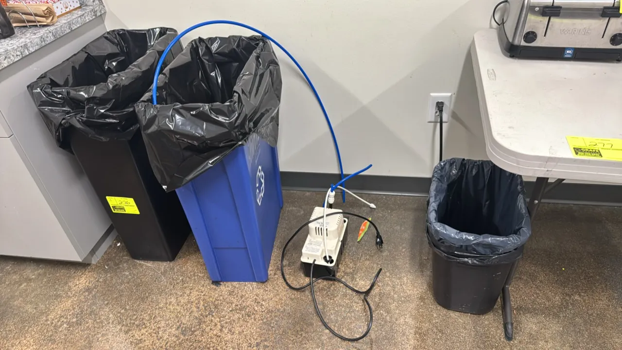 Poly trash cans and recycling bins with condensate pump. Includes tall slim black and blue receptacles in durable molded polyethylene construction. Ac