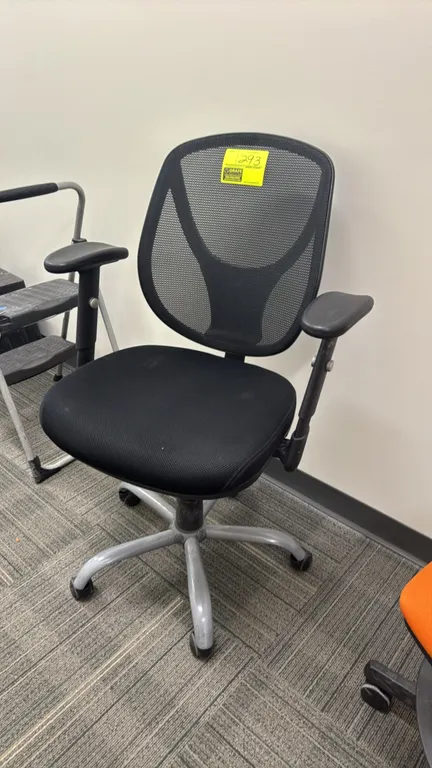 Ergonomic mesh-back office chair. Features black breathable mesh backrest, black padded fabric seat, and height-adjustable armrests. Mounted on a silv