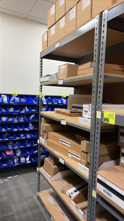 Light-duty shelving rack with assortment of Kodak NexPress parts and supplies. Features steel uprights with particle board decking. 48" x 24" x 84". I