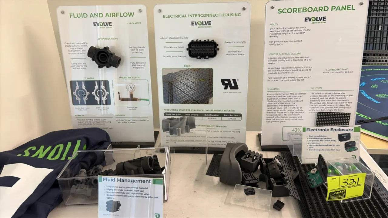 Evolve Additive Solutions trade show display lot. Includes informational acrylic tabletop sign boards ('Fluid and Airflow', 'Electrical Interconnect H