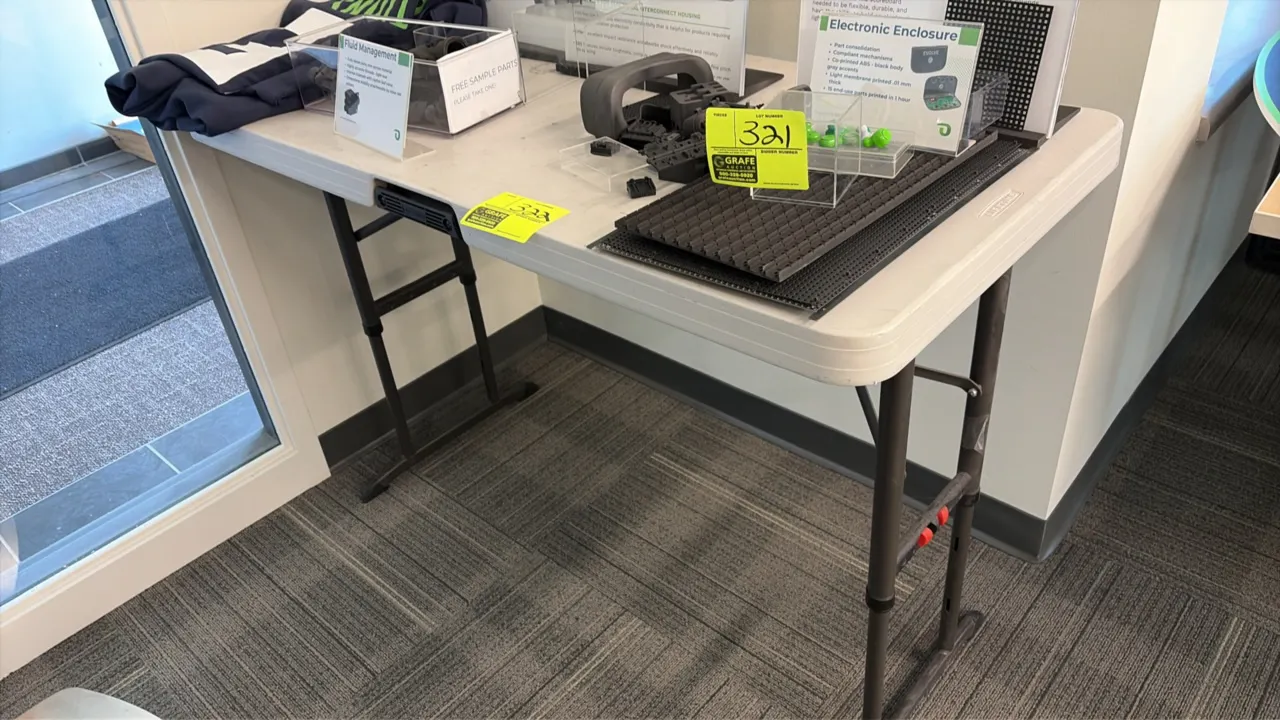 Lifetime polyethylene folding table. Features adjustable-height folding metal legs. 4'L. Contents not included.