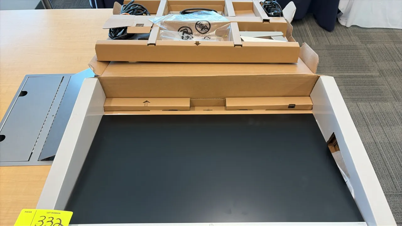 NEW 2021 HP M27f FHD monitor. Features a 27" display, slim bezel, and silver-tone bottom trim. Includes stand assembly, cables, and original box packa