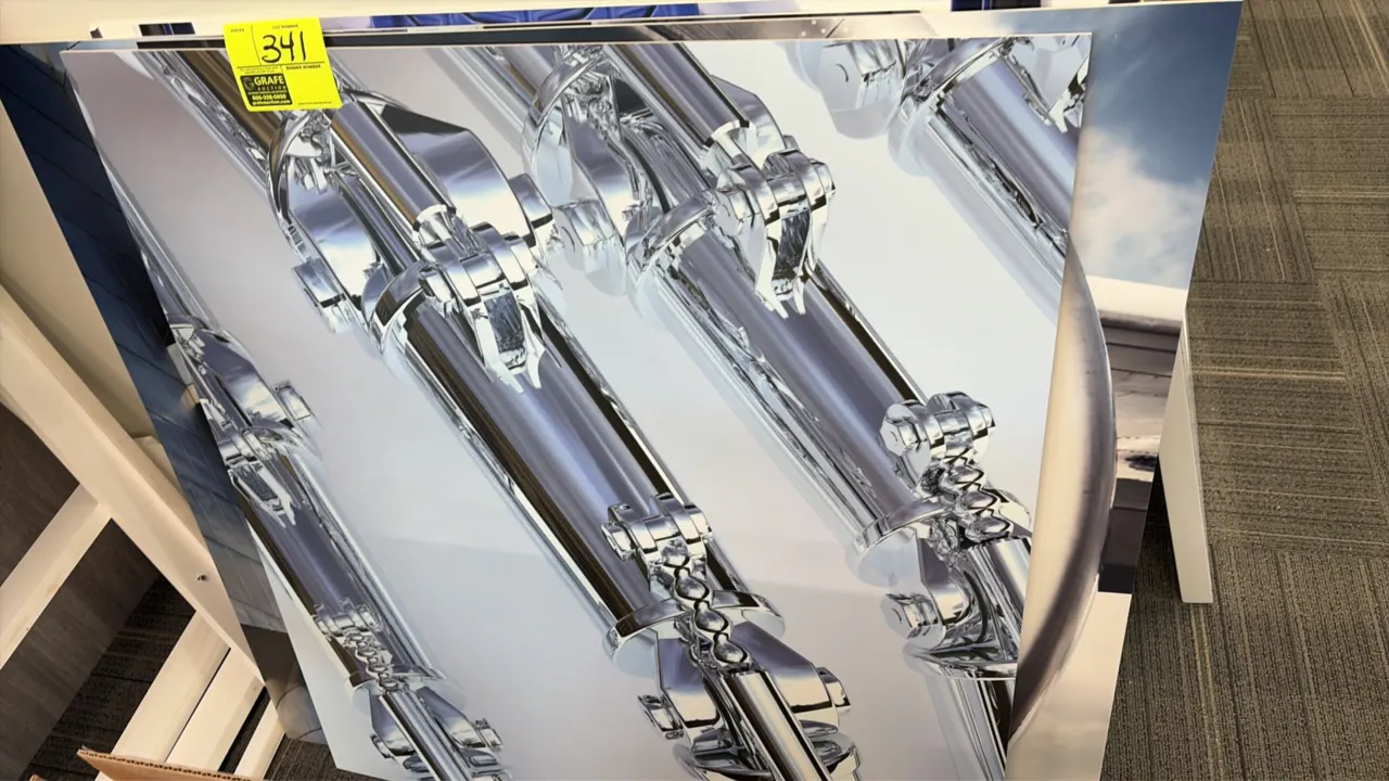 Assorted mounted photographic art prints. Package includes prints depicting an aircraft jet turbine engine, modern metallic architectural facade, poli