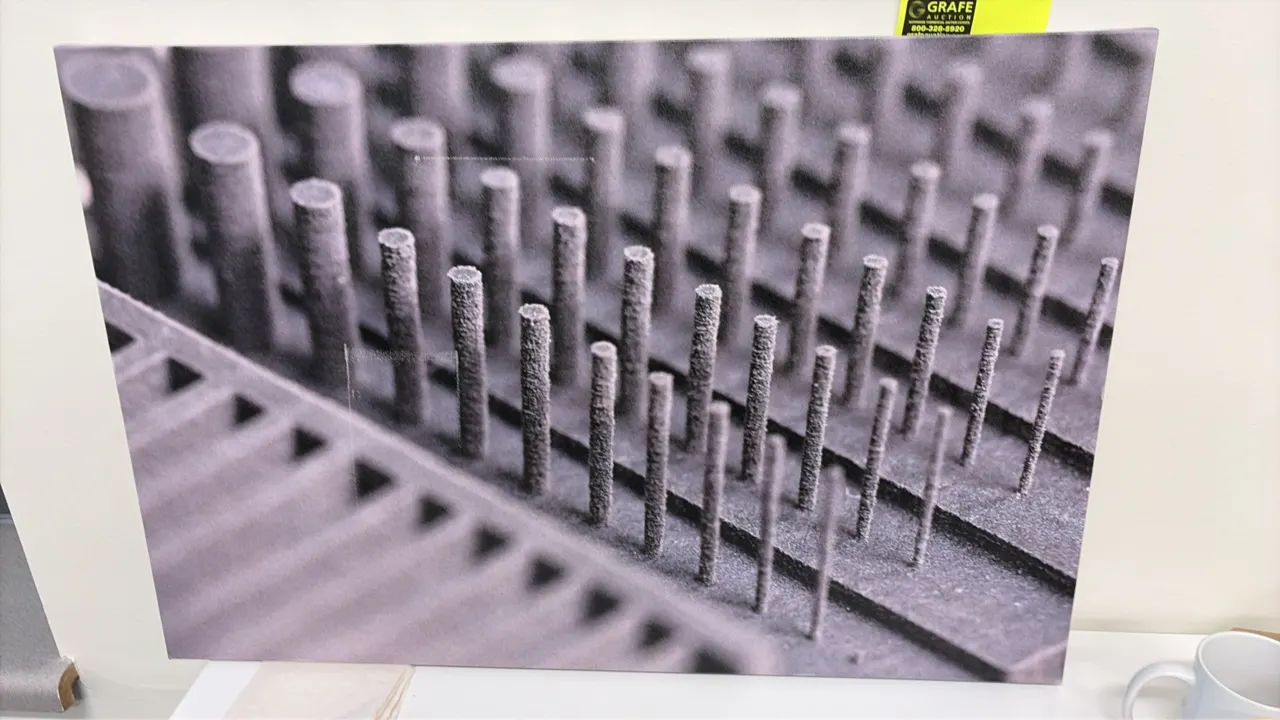 Stretched canvas photo prints. Features gallery-wrapped canvas construction displaying additive manufacturing subjects, microstructures, and geometric