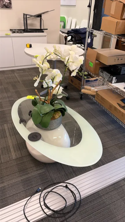 Oval glass top coffee table. Features an oval glass top with a frosted border and clear center, supported by a gloss white sculpted pedestal base. Inc