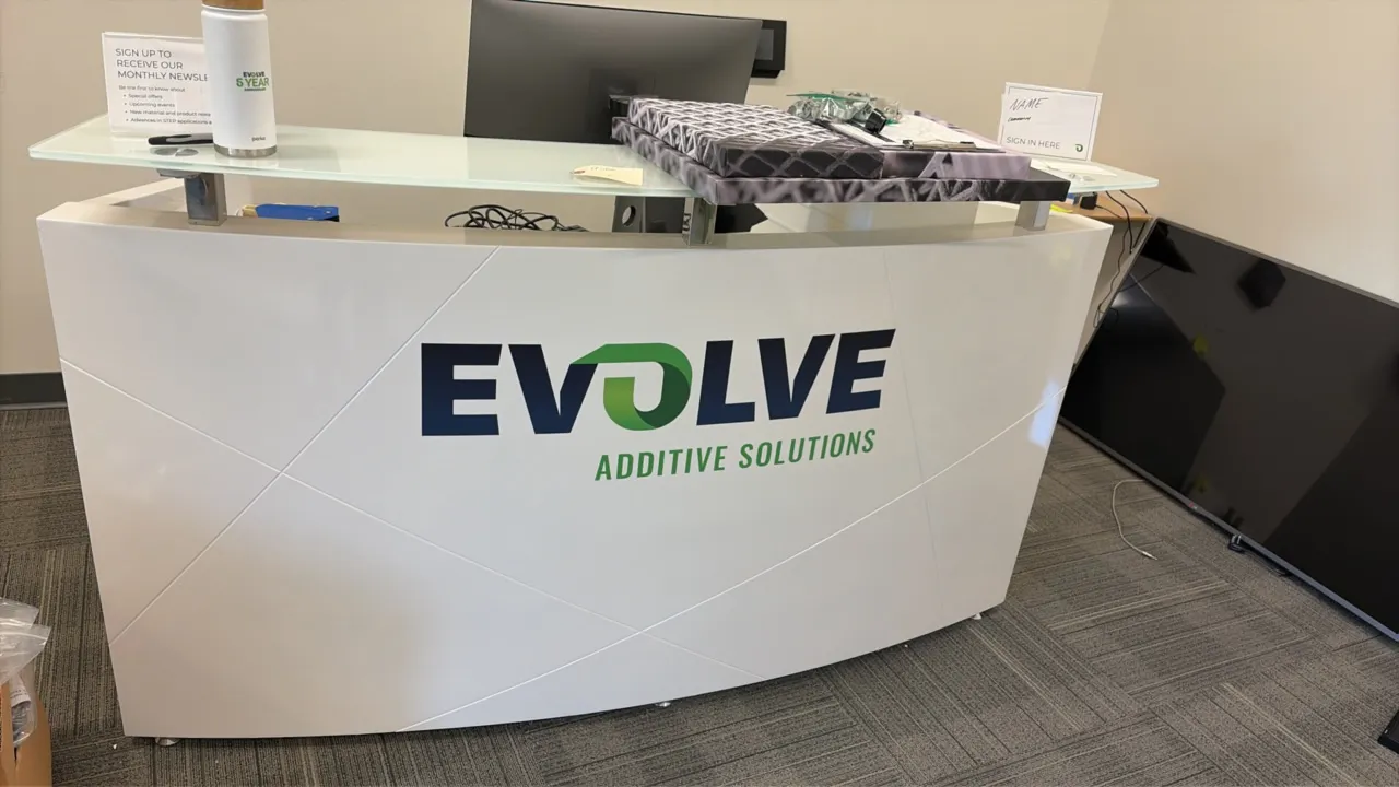 Reception counter suite. Includes 6' curved white reception desk featuring a raised frosted glass transaction counter, matching frosted glass work sur