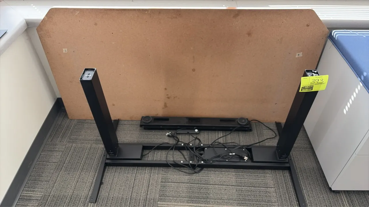 Electric sit-stand workstation package. Includes an adjustable-height desk frame with tabletop and a mobile pedestal file cabinet. Cabinet features a