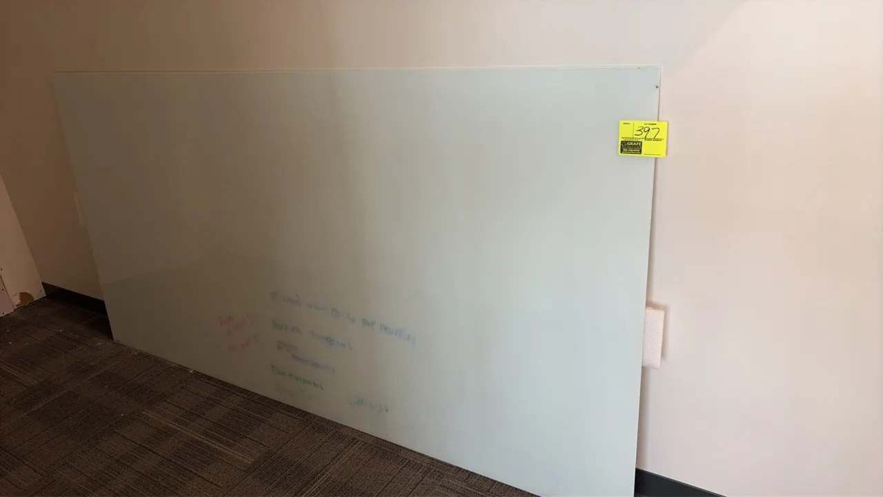 Tempered glass dry erase board. Features a frameless white glass writing surface. 8' x 4'.