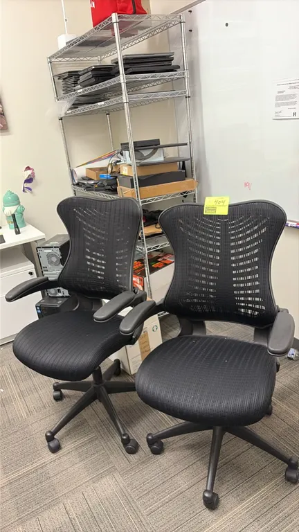 Herman Miller office chairs. Features black mesh back, mesh seat, and adjustable armrests. Mounted on a 5-star swivel base with casters.