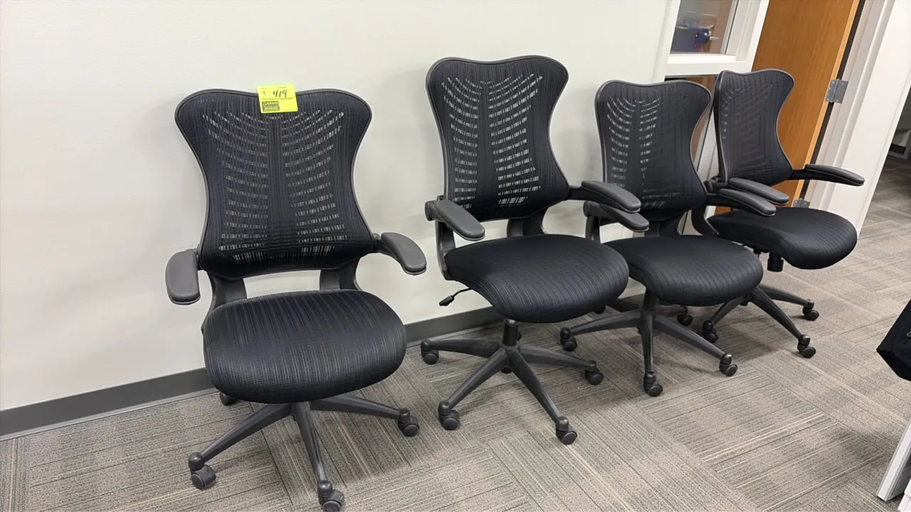 Office chairs. Features black mesh backs, contoured black fabric seats, armrests, and pneumatic height adjustment. Mounted on 5-star bases with caster
