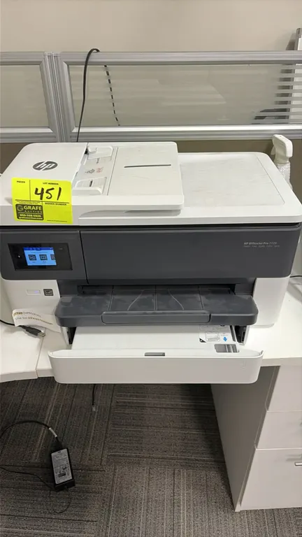 HP OfficeJet Pro 7720 all-in-one inkjet printer. Features print, fax, scan, and copy functions, digital touchscreen display, paper input tray, and aut