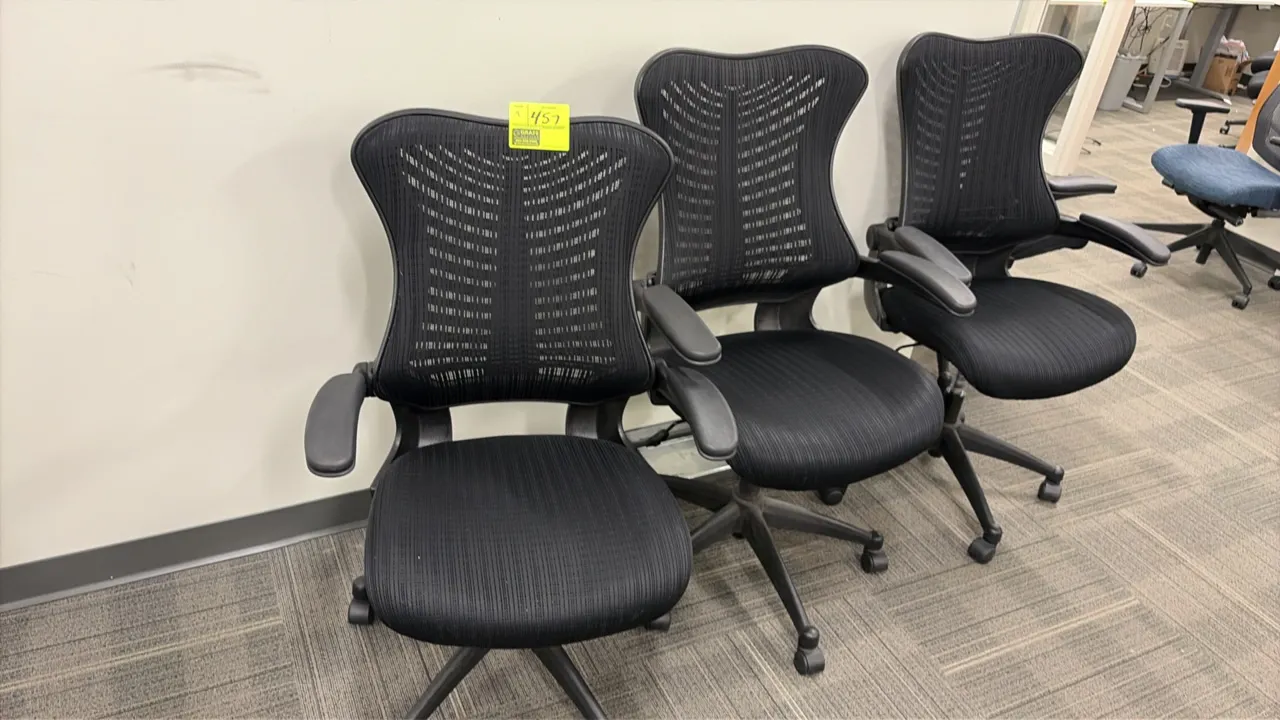 Mesh office chairs. Features black mesh back, contoured mesh seat, and armrests. Mounted on a 5-star swivel base with casters.