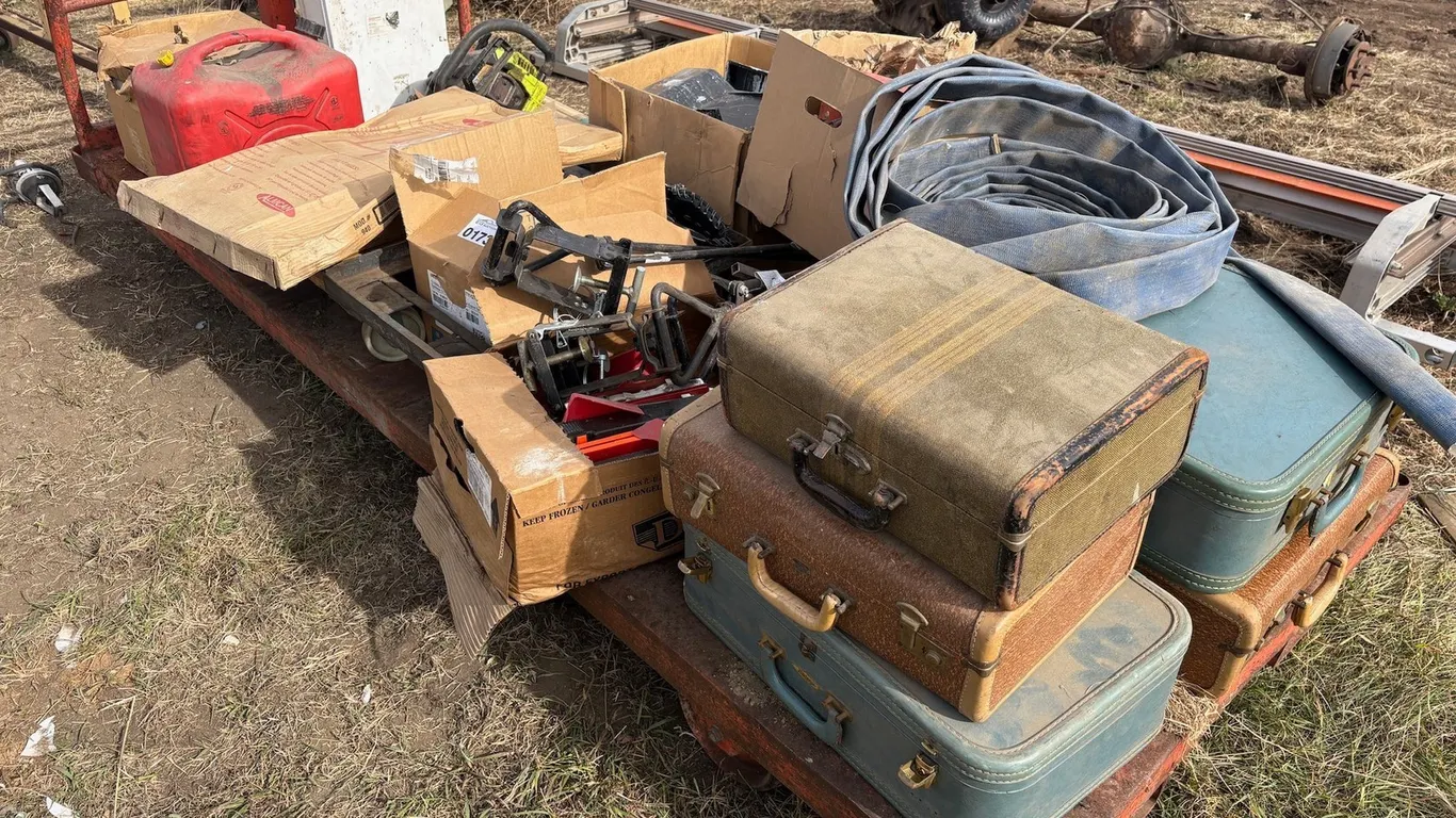 Various Items Including Vintage Suitcases, Irrigation Hose, Poulan Chainsaw, Folding Table Legs