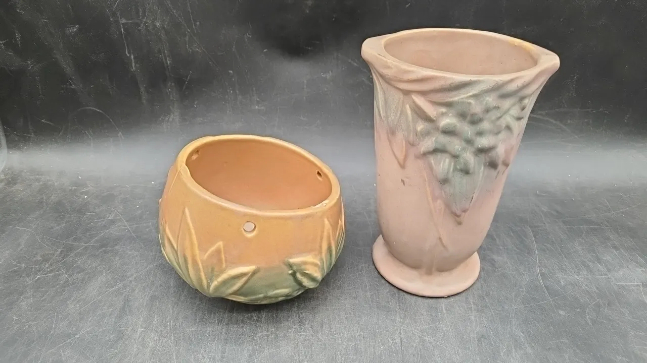 1930’s POTTERY -HANGING PLANTER (chip) & VASE