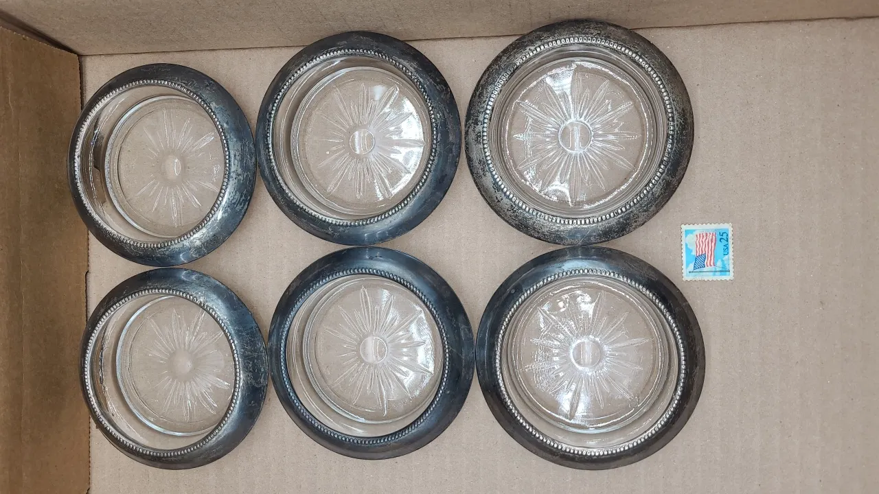 6 STERLING TOP GLASS COASTERS