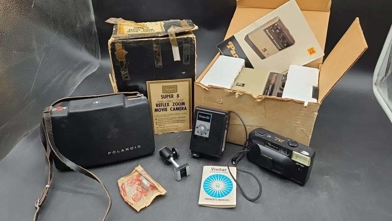 VINTAGE CAMERAS- FUJI, POLAROID, SEARS MOVIE CAMERA & PARTYTIME