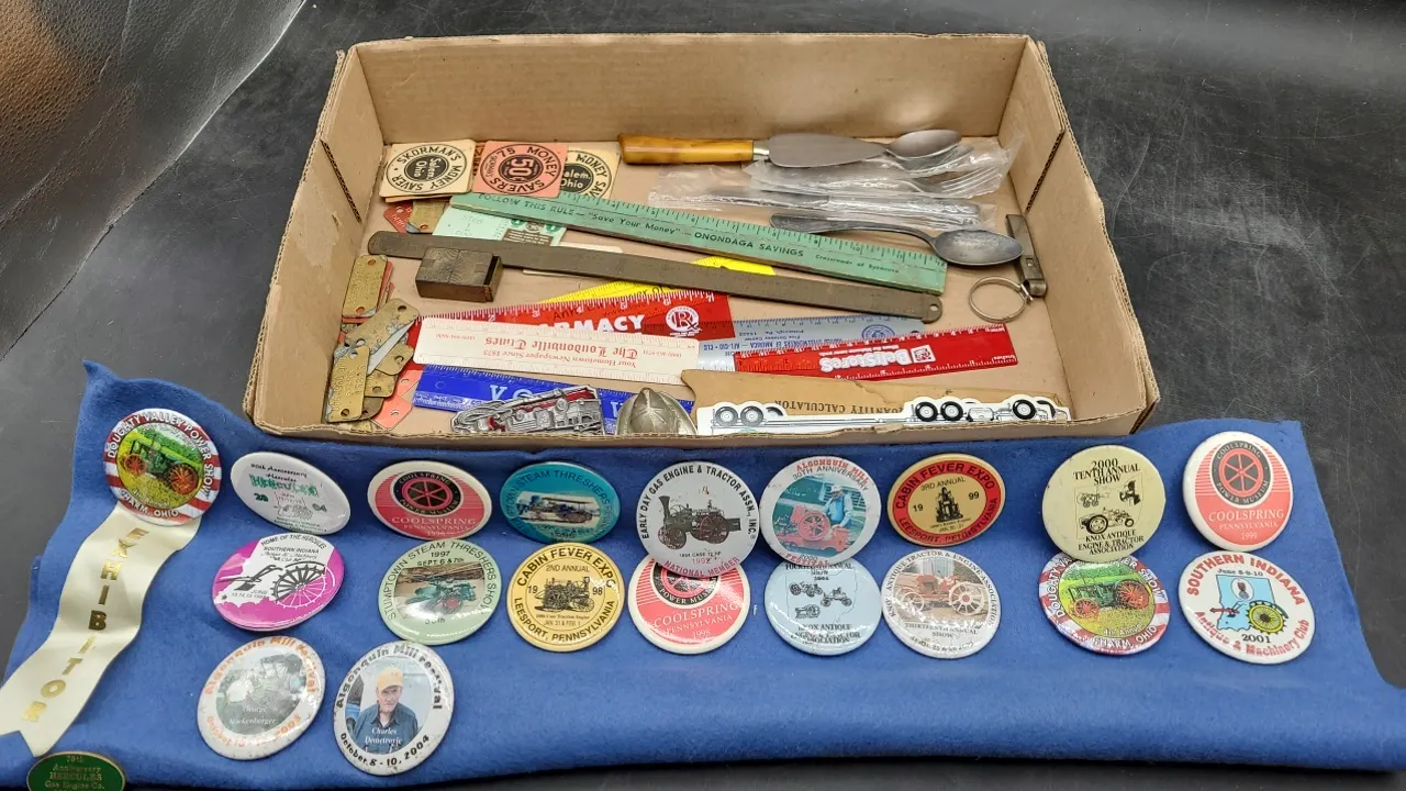 ASSORTED SMALLS- PINS , BELT BUCKLE, RULERS, FLATWARE & more