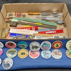 ASSORTED SMALLS- PINS , BELT BUCKLE, RULERS, FLATWARE & more