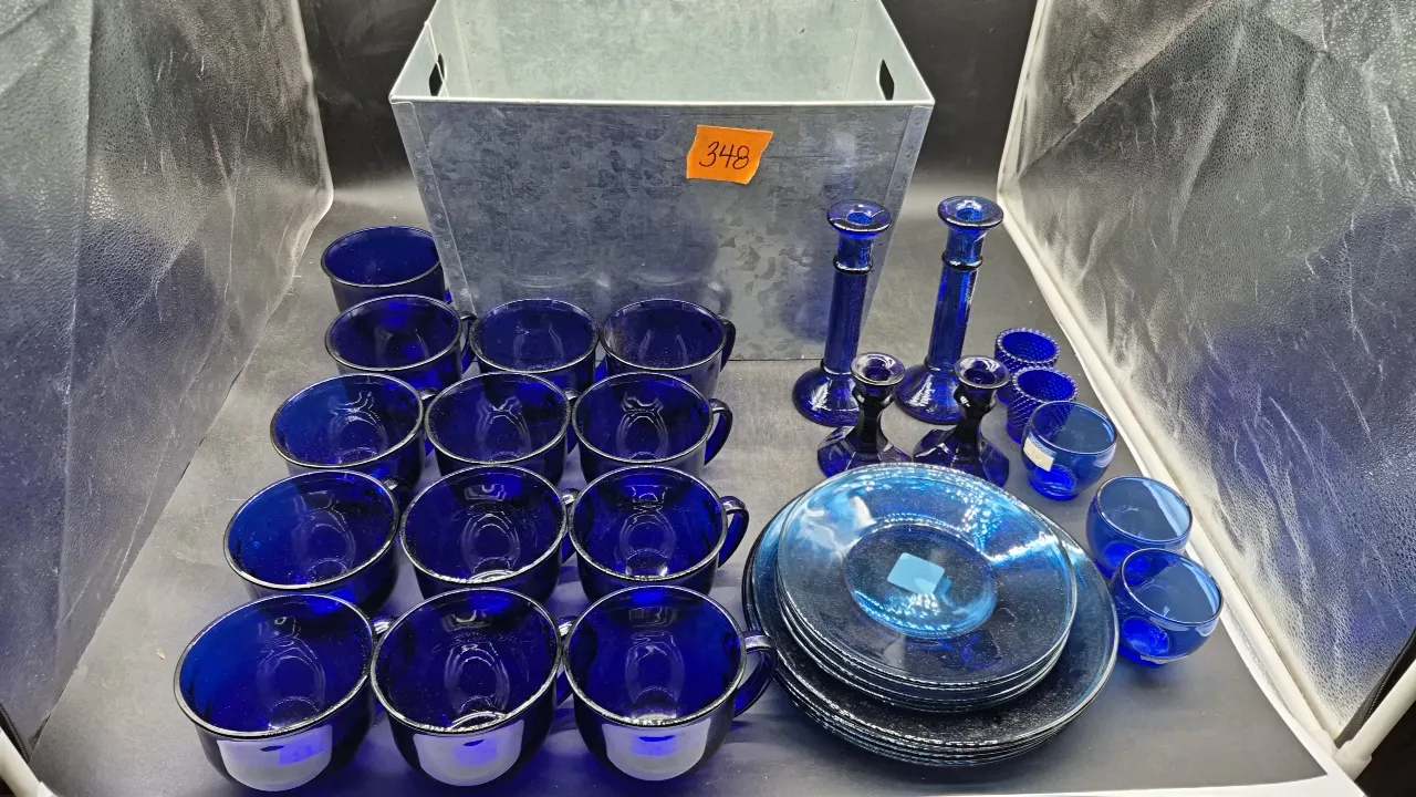 LIBBEY COBALT BLUE GLASS in metal bin