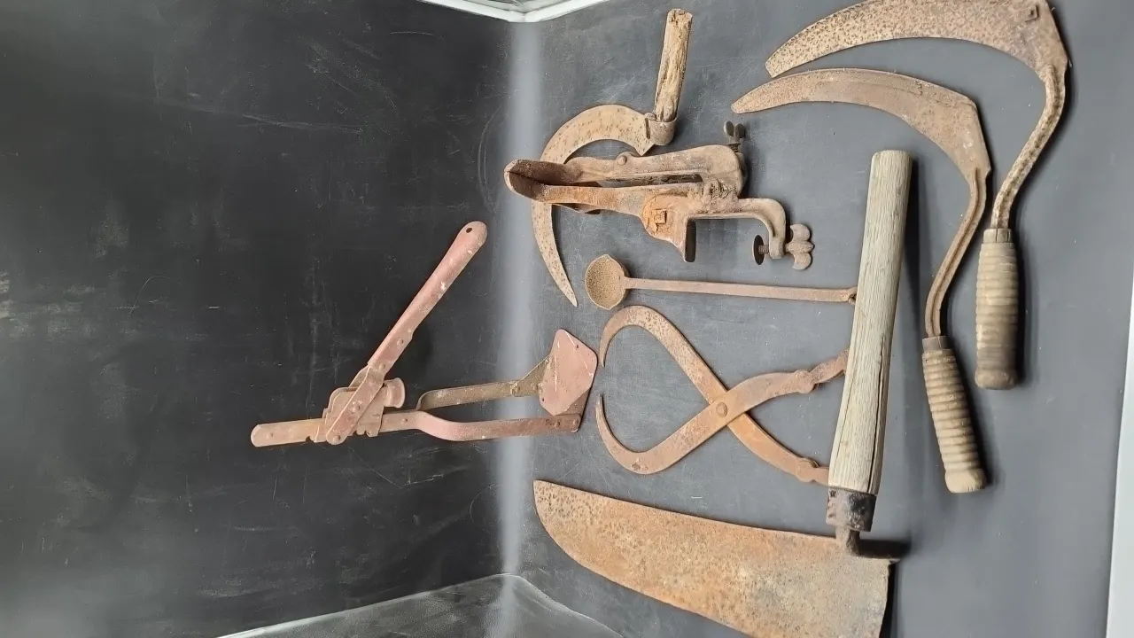 VINTAGE TOOL- tongs, sickle & more