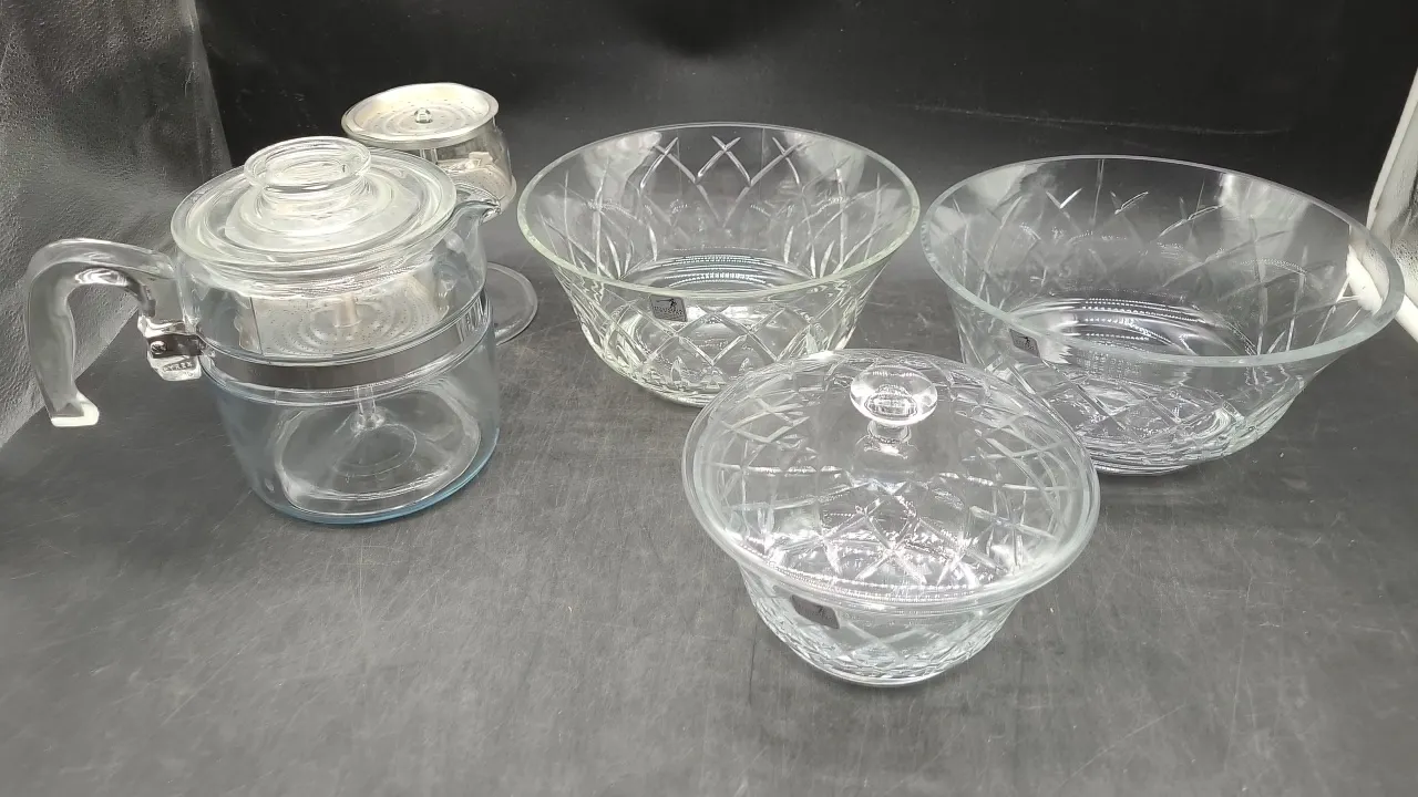 GLASSWARE- CANDY DISH, BOWLS, TEA POT & more