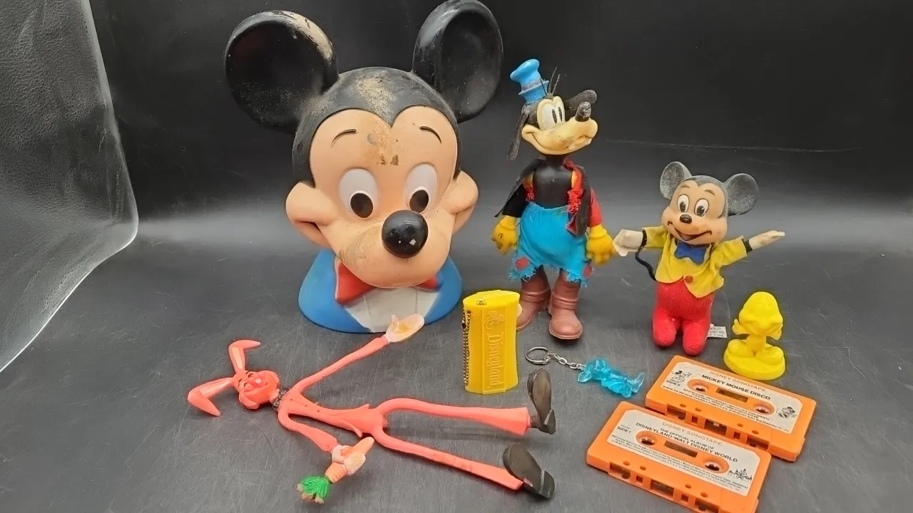 VINTAGE DISNEY- MICKEY bank, GOOFY FIGURE MICKEY MOUSE FIGURE and more