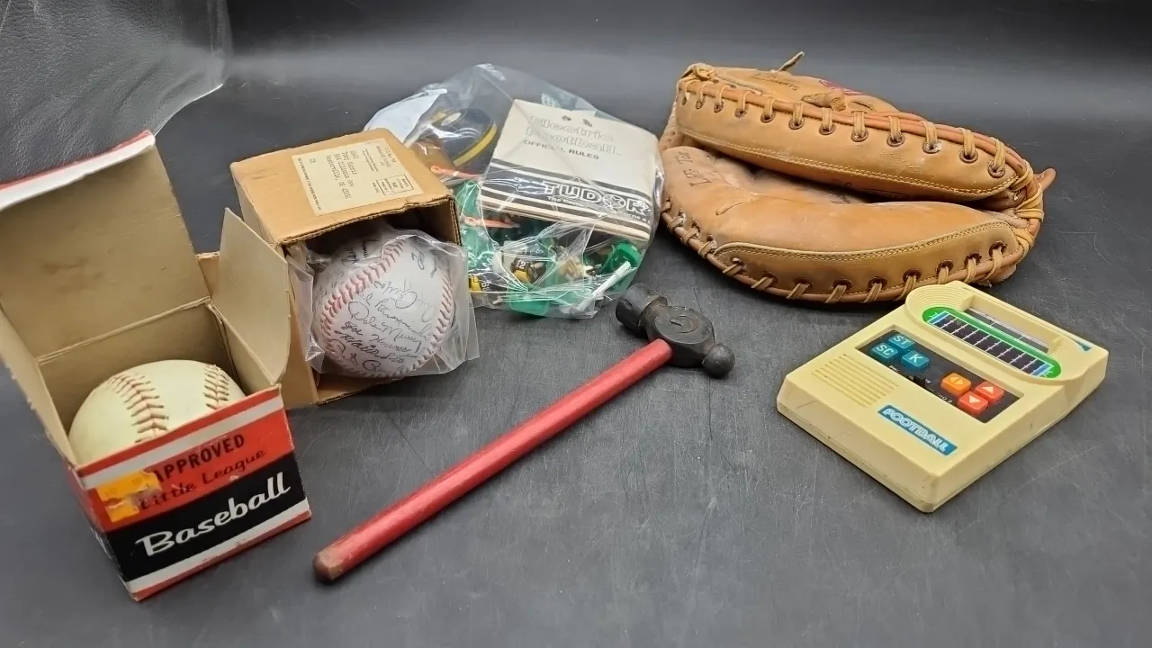 LEFT HANDED CATCHERS, MATTEL FOOTBALL GAME, FOOTBALL PIECES, BASEBALLS, Hammer