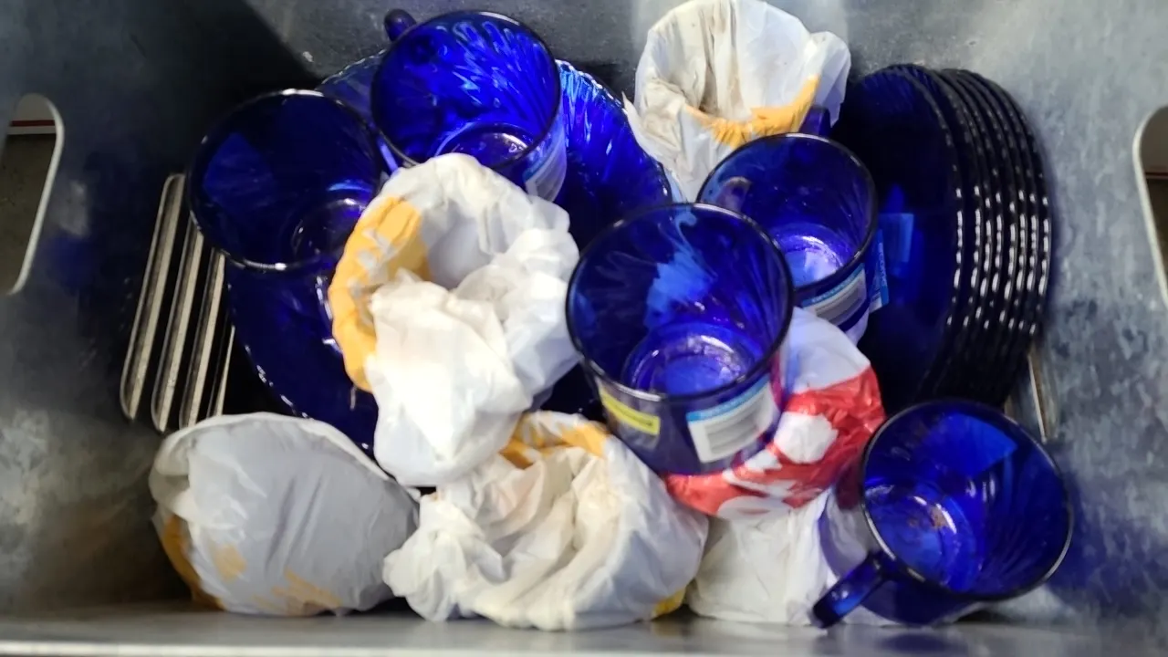 ARCOROC BLUE PLATES, and CUPS in metal tin