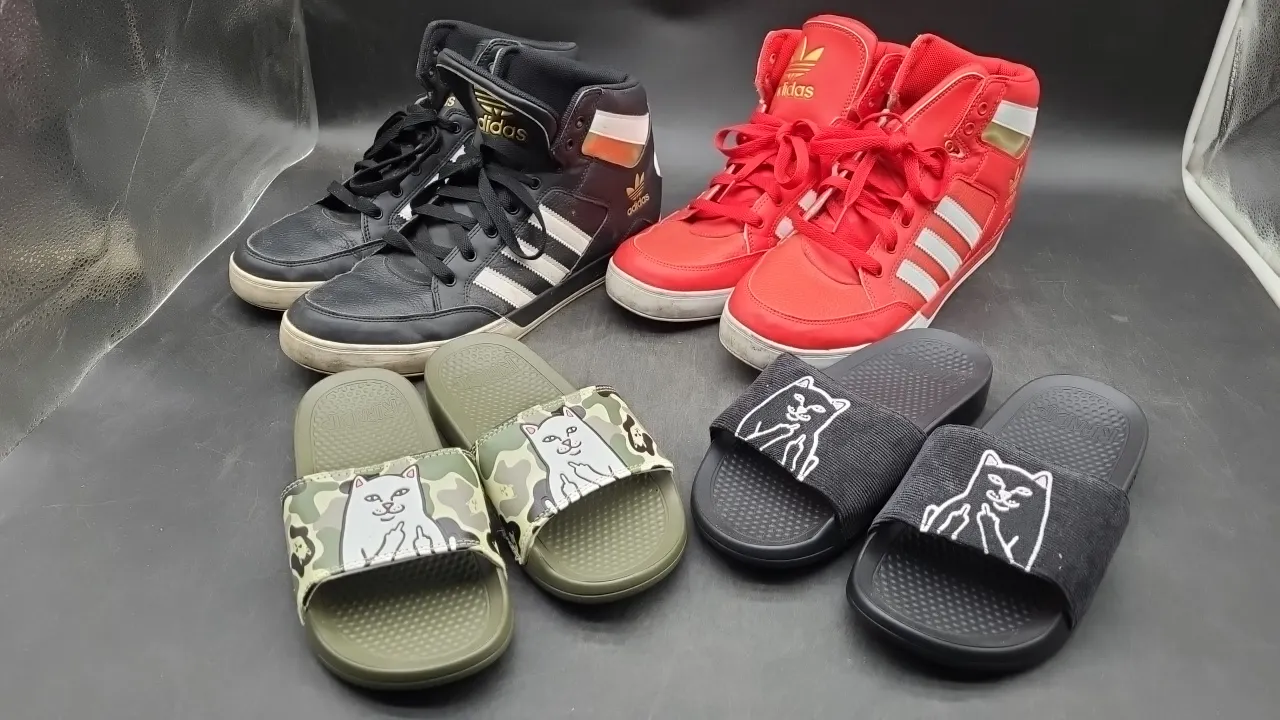 ASSORTED SHOES- ADIDAS (2) sz 14 & RIPNDIP slides (2)
