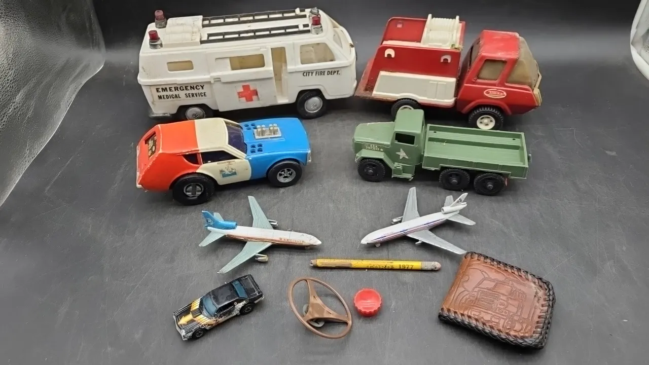 TOYS LOT – TONKA FIRE TRUCK, EMERGENCY MEDICAL SERVICE VEHICLE, planes, and more
