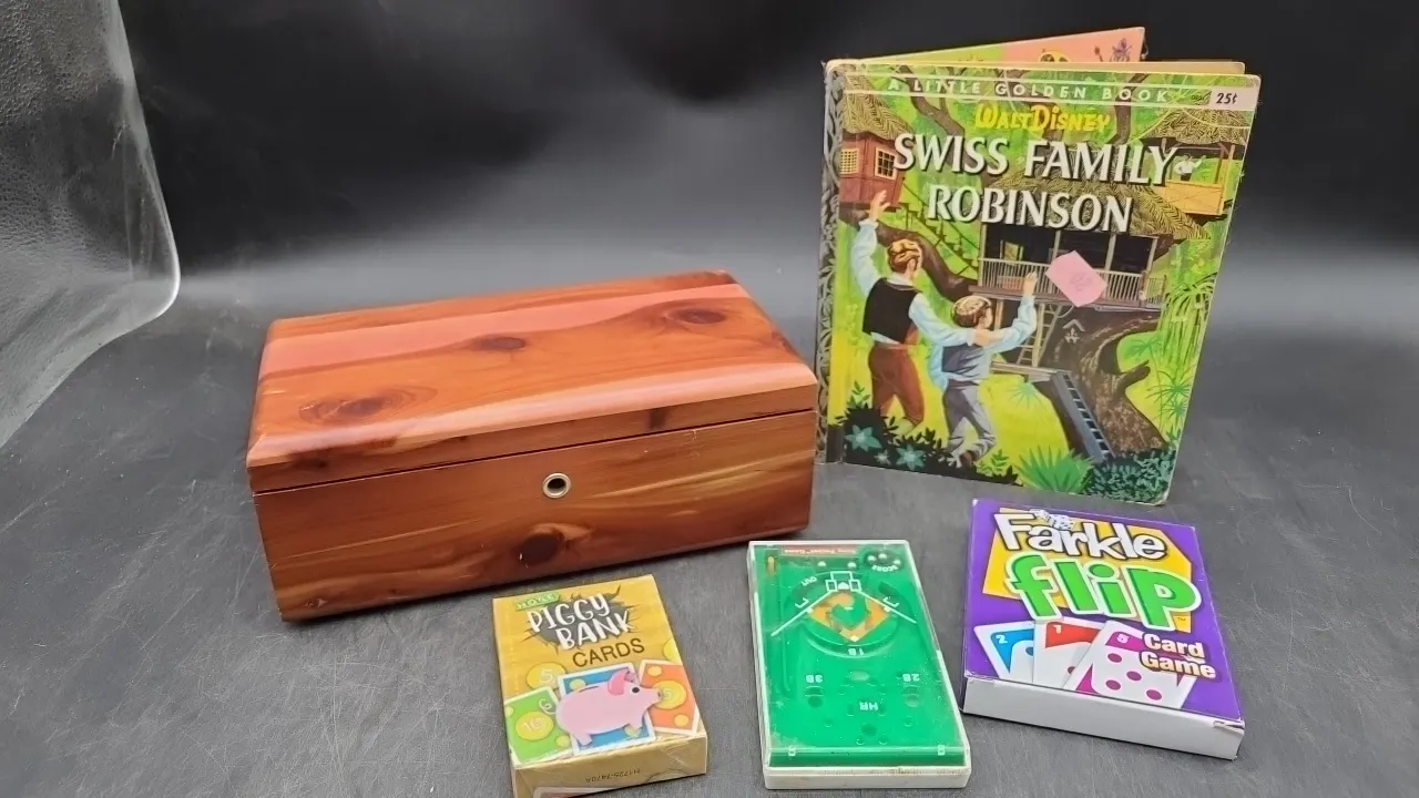 CEDAR BOX, CARD, GAMES, and LITTLE GOLDEN BOOK (A)