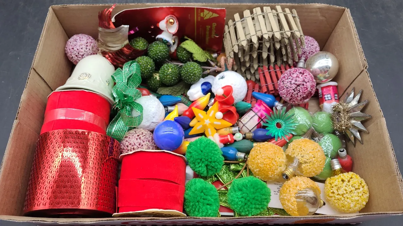 ASSORTED CHRISTMAS DECOR- BULBS & RIBBON